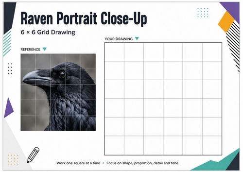 Raven Portrait Close-Up Grid Drawing Worksheet | KS3 & KS4 Art