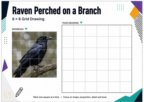 Raven Perched on a Branch Grid Drawing Worksheet | Observational Drawing
