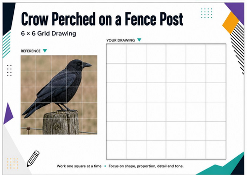 Crow on a Fence Post Grid Drawing Worksheet | KS3 Art Activity