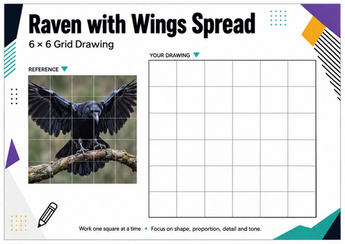 Raven with Wings Spread Grid Drawing Worksheet | Bird Drawing Activity