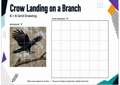 Crow Landing on a Branch Grid Drawing Worksheet | Bird Art Activity