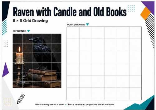 Raven, Candle & Old Books Grid Drawing Worksheet | Gothic Art Activity