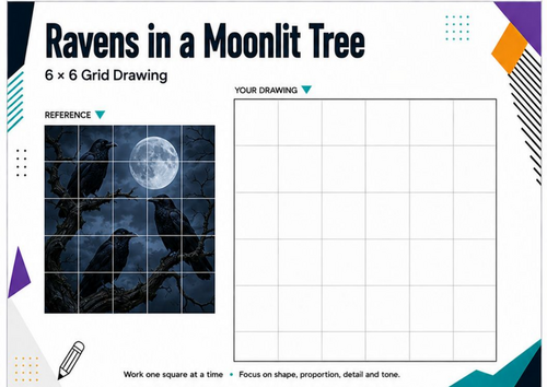 Ravens in a Moonlit Tree Grid Drawing Worksheet | Halloween Art