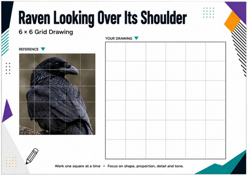 Raven Looking Over Its Shoulder Grid Drawing Worksheet | KS3 KS4 Art