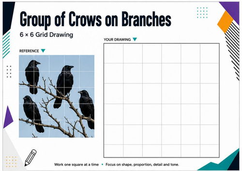 Group of Crows on Branches Grid Drawing Worksheet | Bird Drawing Challenge