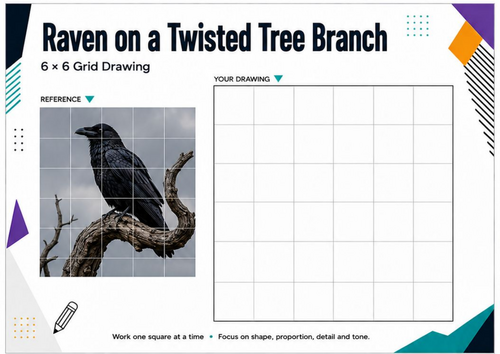 Raven on a Twisted Tree Branch Grid Drawing Worksheet | KS3 KS4