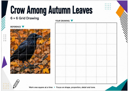 Crow Among Autumn Leaves Grid Drawing Worksheet | Autumn Art Activity