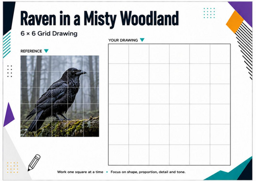 Raven in a Misty Woodland Grid Drawing Worksheet | Atmospheric Art