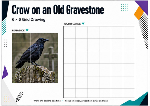 Crow on an Old Gravestone Grid Drawing Worksheet | Gothic Halloween Art