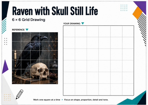 Raven & Skull Still Life Grid Drawing Worksheet | Gothic Art Activity