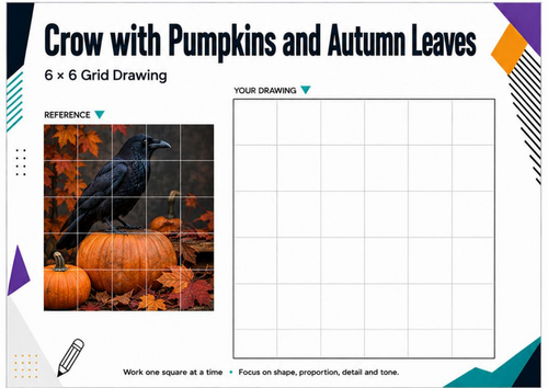 Crow, Pumpkins & Autumn Leaves Grid Drawing Worksheet | Autumn Halloween Art