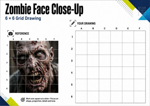 Zombie Face Close-Up Grid Drawing Worksheet | KS3 & KS4 Art