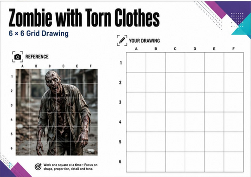 Zombie with Torn Clothes Grid Drawing Worksheet | Halloween Art