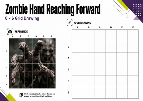 Zombie Hand Reaching Forward Grid Drawing Worksheet | KS3 Art
