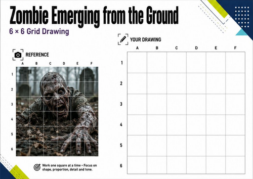Zombie Emerging from the Ground Grid Drawing Worksheet | Halloween