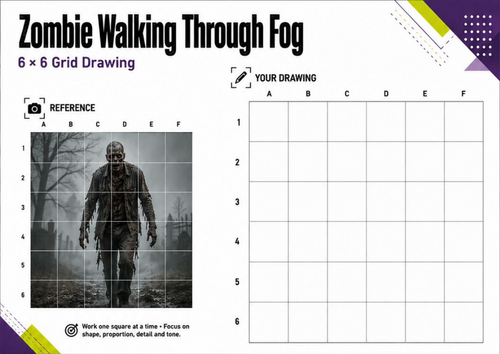 Zombie Walking Through Fog Grid Drawing Worksheet | KS3 & KS4