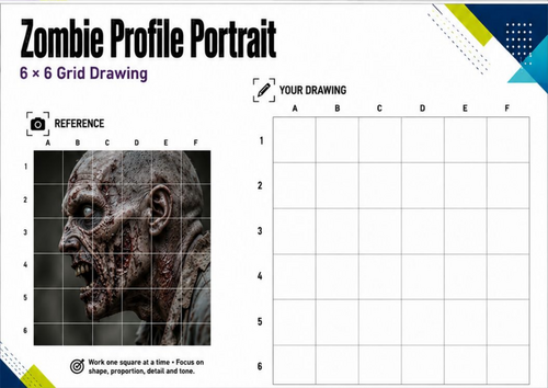 Zombie Profile Portrait Grid Drawing Worksheet | Halloween Art