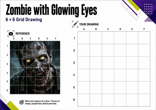 Zombie with Glowing Eyes Grid Drawing Worksheet | KS3 & KS4 Art
