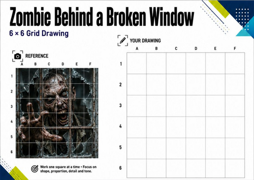 Zombie Behind a Broken Window Grid Drawing Worksheet | Halloween