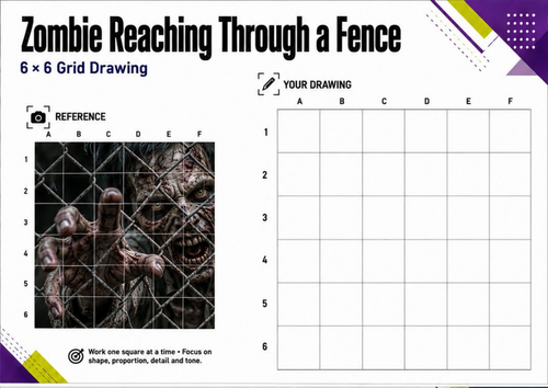 Zombie Reaching Through a Fence Grid Drawing Worksheet | KS3 Art
