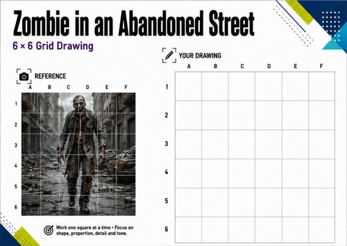 Zombie in an Abandoned Street Grid Drawing Worksheet | Halloween Art
