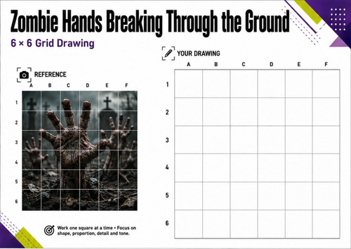 Zombie Hands Breaking Through the Ground Grid Drawing Worksheet