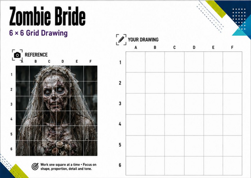 Zombie Bride Grid Drawing Worksheet | Halloween Portrait Art