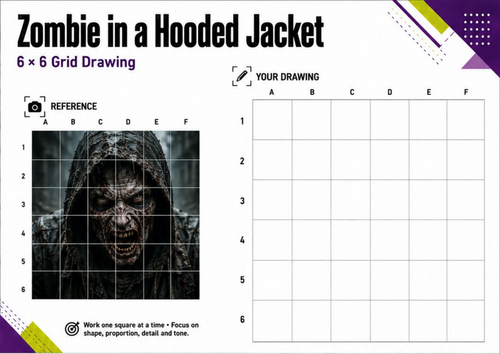 Zombie in a Hooded Jacket Grid Drawing Worksheet | KS3 & KS4