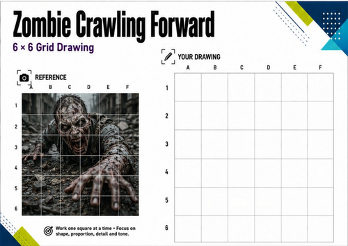 Zombie Crawling Forward Grid Drawing Worksheet | Halloween Art