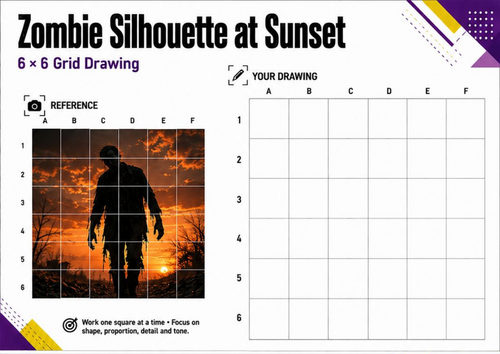 Zombie Silhouette at Sunset Grid Drawing Worksheet | KS3 Art