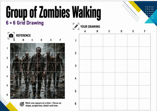 Group of Zombies Walking Grid Drawing Worksheet | Halloween