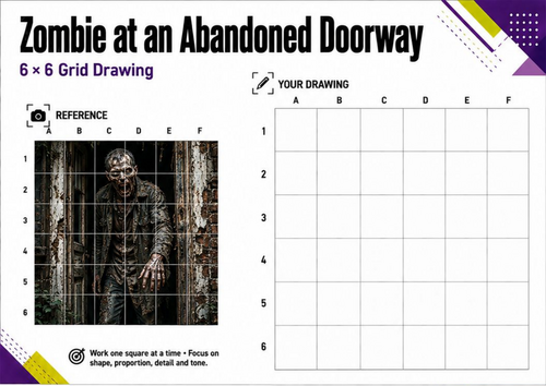 Zombie at an Abandoned Doorway Grid Drawing Worksheet | KS3 Art