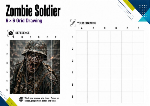 Zombie Soldier Grid Drawing Worksheet | Halloween Drawing Activity