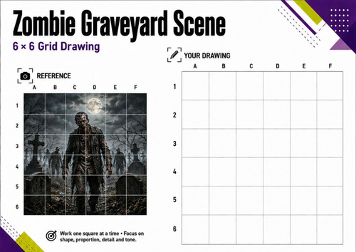 Zombie Graveyard Scene Grid Drawing Worksheet | Halloween Art