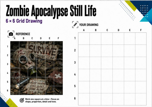 Zombie Apocalypse Still Life Grid Drawing Worksheet | KS3 & KS4