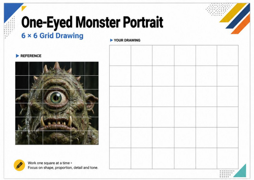 One-Eyed Monster Grid Drawing Worksheet | 6x6 Grid | KS3 & KS4 Art
