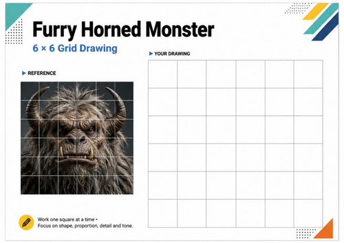 Furry Horned Monster Grid Drawing Worksheet | KS3 & KS4 Art Activity