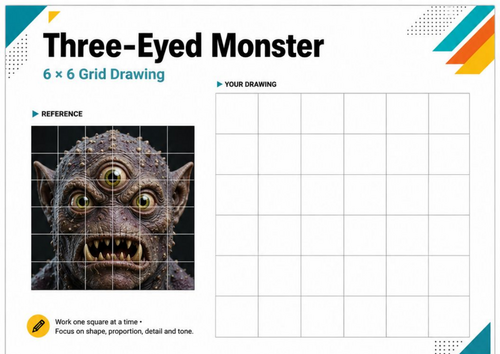 Three-Eyed Monster Grid Drawing Worksheet | Observational Drawing | KS3 Art