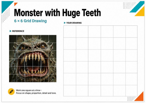 Monster with Huge Teeth Grid Drawing | Halloween Art Worksheet | KS3 KS4