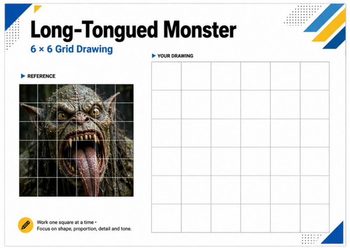 Long-Tongued Monster Grid Drawing Worksheet | KS3 KS4 Halloween Art