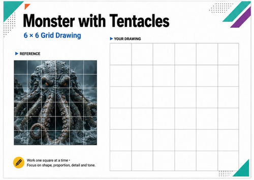 Tentacle Monster Grid Drawing Worksheet | Creature Drawing | KS3 & KS4 Art