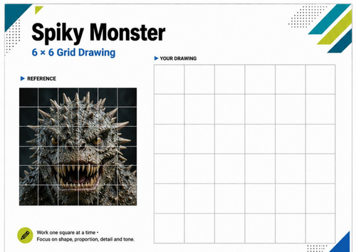 Spiky Monster Grid Drawing Worksheet | Drawing Skills Activity | KS3 KS4 Art