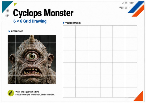 Cyclops Monster Grid Drawing Worksheet | 6x6 Grid Drawing | KS3 Art