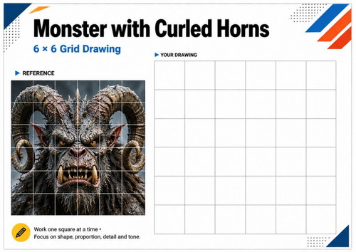 Horned Monster Grid Drawing Worksheet | Fantasy Creature Art | KS3 KS4