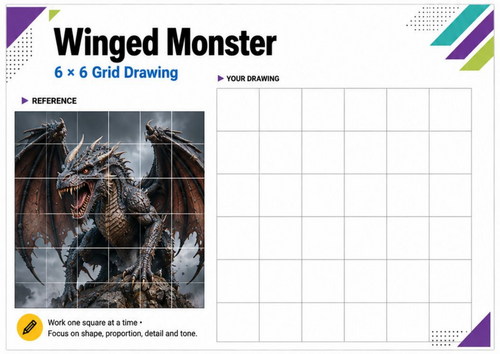 Winged Monster Grid Drawing Worksheet | Fantasy Creature Drawing | KS3 KS4