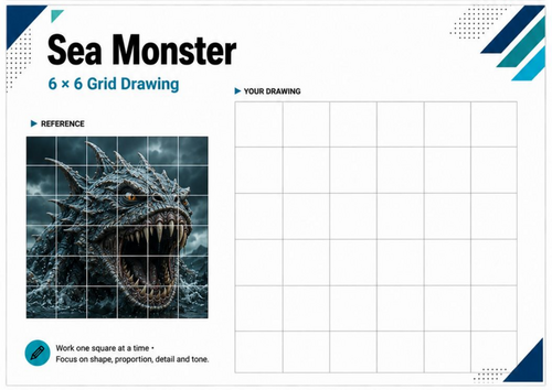 Sea Monster Grid Drawing Worksheet | Creature Drawing Activity | KS3 KS4 Art