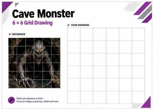 Cave Monster Grid Drawing Worksheet | Dark Fantasy Art Activity | KS3 KS4