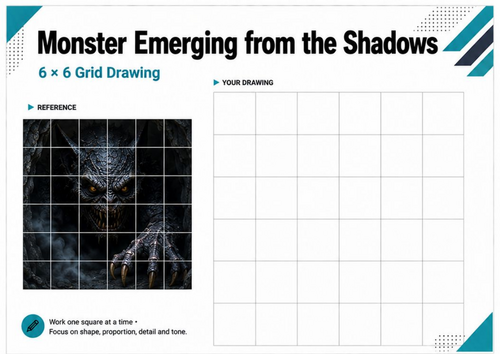 Monster Emerging from Shadows Grid Drawing | Tone & Contrast | KS3 KS4 Art