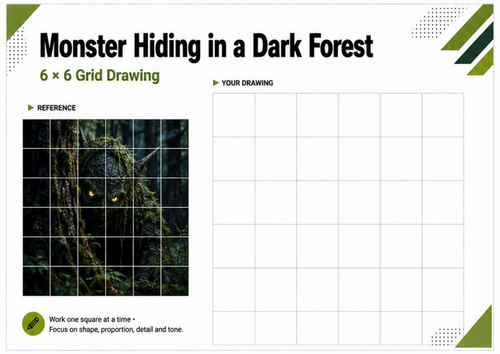 Monster in a Dark Forest Grid Drawing Worksheet | KS3 KS4 Art