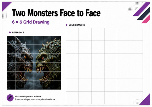 Two Monsters Face to Face Grid Drawing | Creature Art Worksheet | KS3 KS4